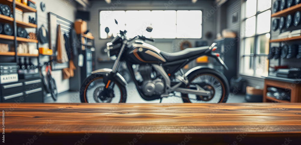 Fototapeta premium Wooden table in garage with motorcycle background.