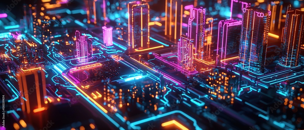 Futuristic city skyline rendered with neon lights and circuit board texture. Futuristic city skyline rendered with neon lights and circuit board texture.