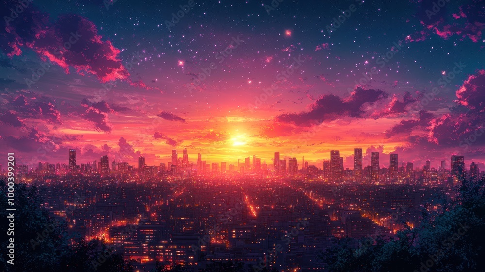 Anime city skyline with stars and clouds at sunset Anime city skyline with stars and clouds at sunset