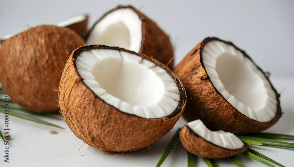 Fresh coconuts on white wooden table with green leaves. Fresh coconuts on white wooden table with green leaves.