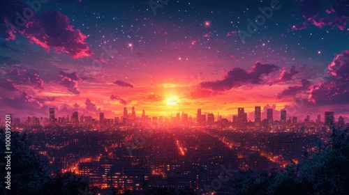 Anime city skyline with stars and clouds at sunset