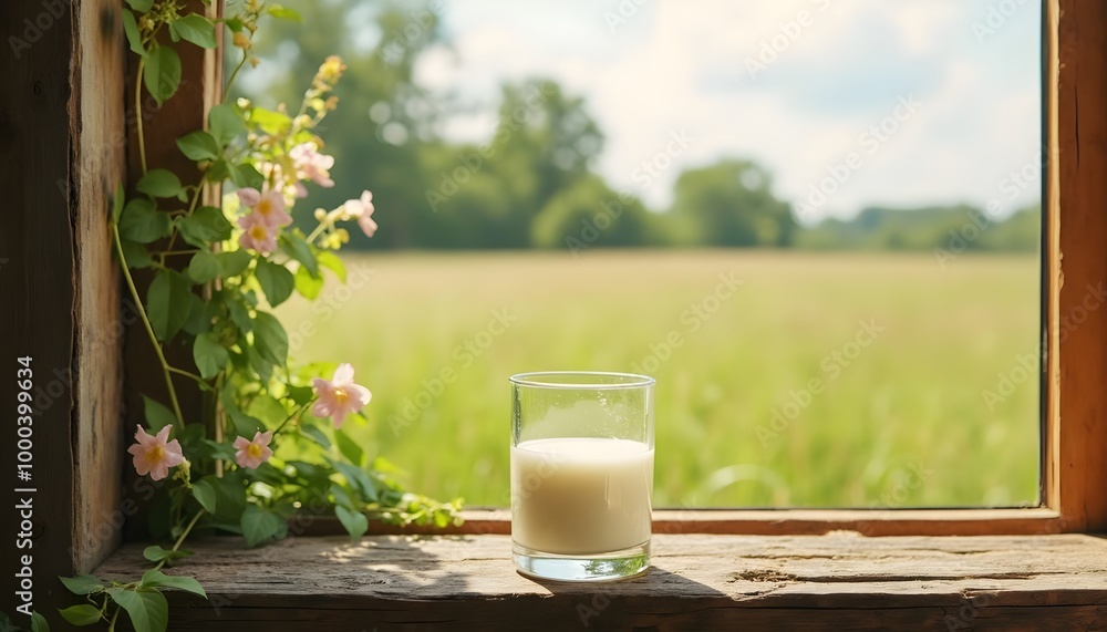 Glass of Milk on Rustic Windowsill with Flower Vines. Glass of Milk on Rustic Windowsill with Flower Vines.