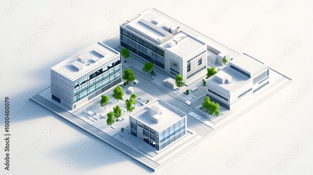 Isometric 3D Rendering of a Modern Cityscape with White Buildings and Green Trees Isometric 3D Rendering of a Modern Cityscape with White Buildings and Green Trees