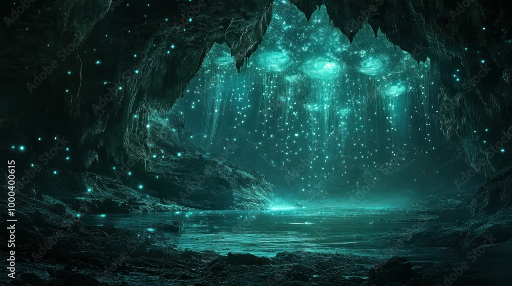 Ethereal Glow Illuminating a Dark Cave and Still Water Ethereal Glow Illuminating a Dark Cave and Still Water