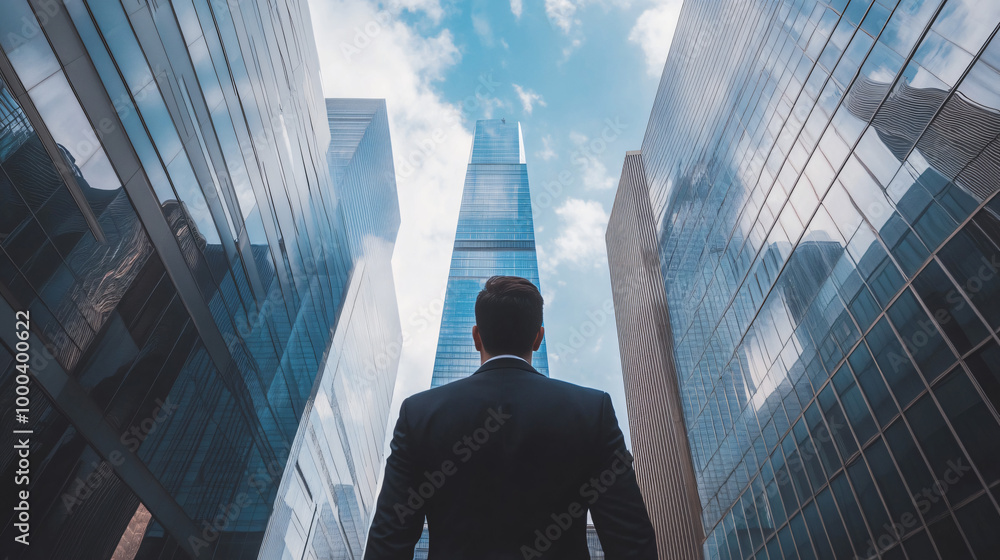 Businessman standing in a suit is looking up at skyscrapers in a financial district with a blue sky and clouds Businessman standing in a suit is looking up at skyscrapers in a financial district with a blue sky and clouds