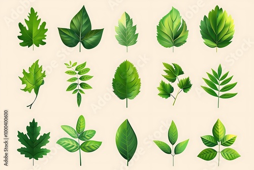 Vector illustration of various green leaf icons isolated on a white background, featuring detailed and diverse leaf shapes ideal for botanical designs and eco-friendly projects.