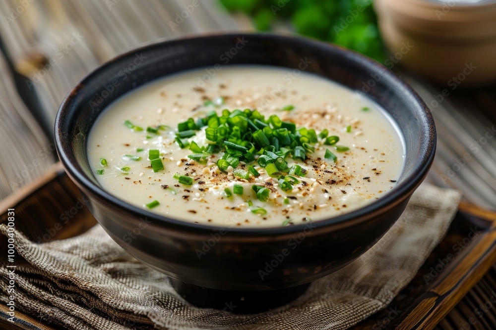 Potato leek soup garnished with fresh chives and sesame seeds served in a rustic bowl Potato leek soup garnished with fresh chives and sesame seeds served in a rustic bowl