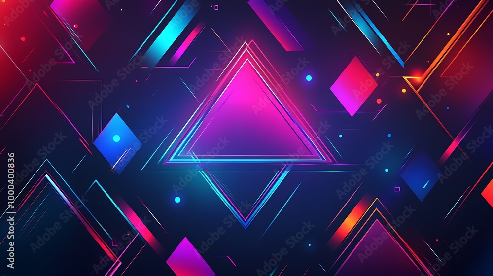 Abstract geometric background with glowing triangles and squares in vibrant neon colors. Abstract geometric background with glowing triangles and squares in vibrant neon colors.
