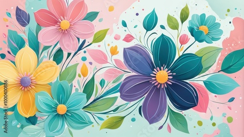 Wallpaper Mural A vibrant illustration of colorful flowers and leaves against a soft pastel background. Torontodigital.ca