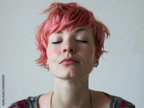 Portrait of sad woman with short pink hair. empty background