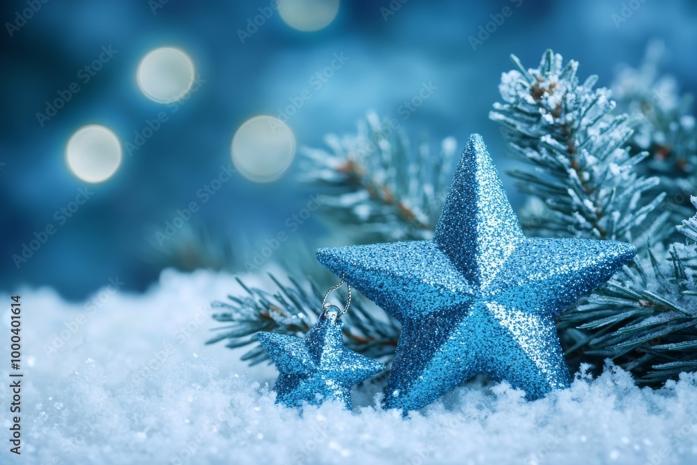 Frosty blue Christmas star ornament resting on snow covered greenery symbolizing winter holiday decor and seasonal celebrations Frosty blue Christmas star ornament resting on snow covered greenery symbolizing winter holiday decor and seasonal celebrations