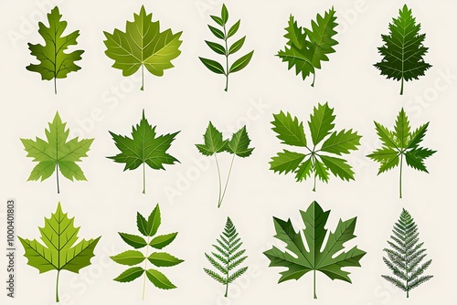 Vector illustration of various green leaf icons isolated on a white background, featuring detailed and diverse leaf shapes ideal for botanical designs and eco-friendly projects.