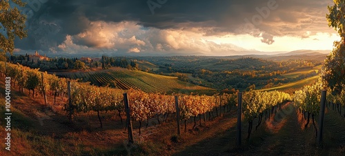 A panoramic view of a vineyard