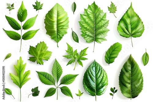 Vector illustration of various green leaf icons isolated on a white background, featuring detailed and diverse leaf shapes ideal for botanical designs and eco-friendly projects.