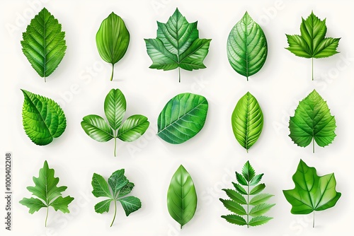 Vector illustration of various green leaf icons isolated on a white background, featuring detailed and diverse leaf shapes ideal for botanical designs and eco-friendly projects.