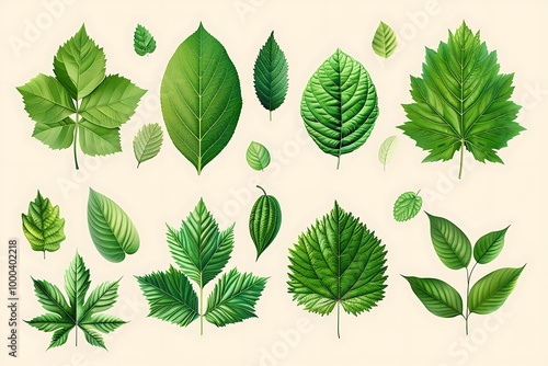 Vector illustration of various green leaf icons isolated on a white background, featuring detailed and diverse leaf shapes ideal for botanical designs and eco-friendly projects.