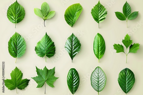 Vector illustration of various green leaf icons isolated on a white background, featuring detailed and diverse leaf shapes ideal for botanical designs and eco-friendly projects.