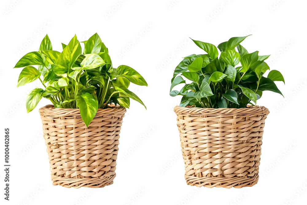 Naklejka premium two green plants in wicker baskets isolated png transparent background
