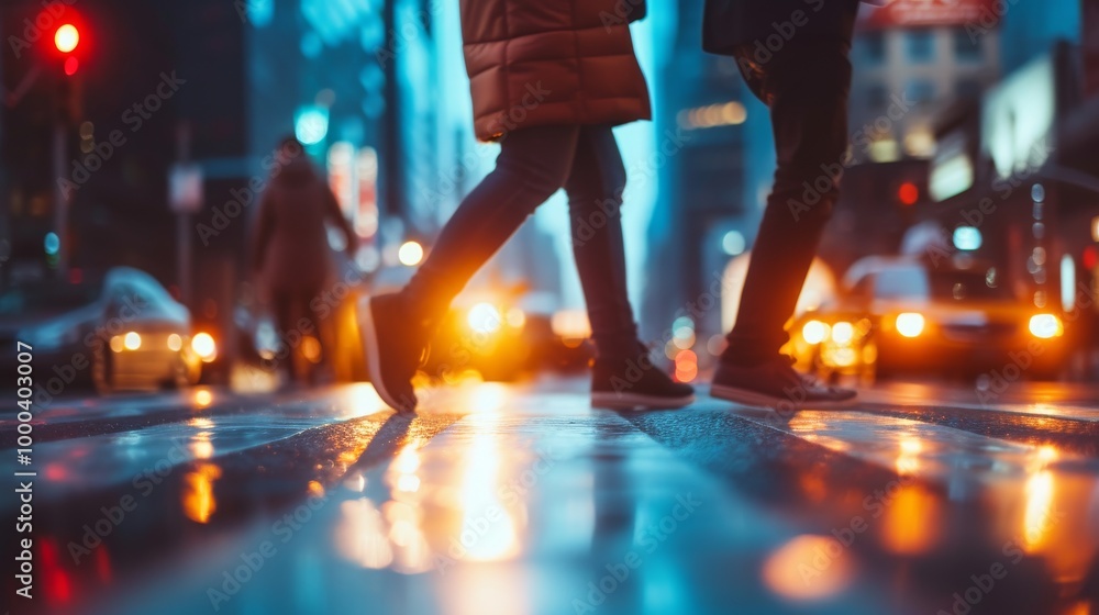 Blurred pedestrians cross a wet street in a glowing city. The focus is on the shiny reflections on the street, capturing the urban nightlife vibe with city lights illuminating the scene in warm, moody Blurred pedestrians cross a wet street in a glowing city. The focus is on the shiny reflections on the street, capturing the urban nightlife vibe with city lights illuminating the scene in warm, moody