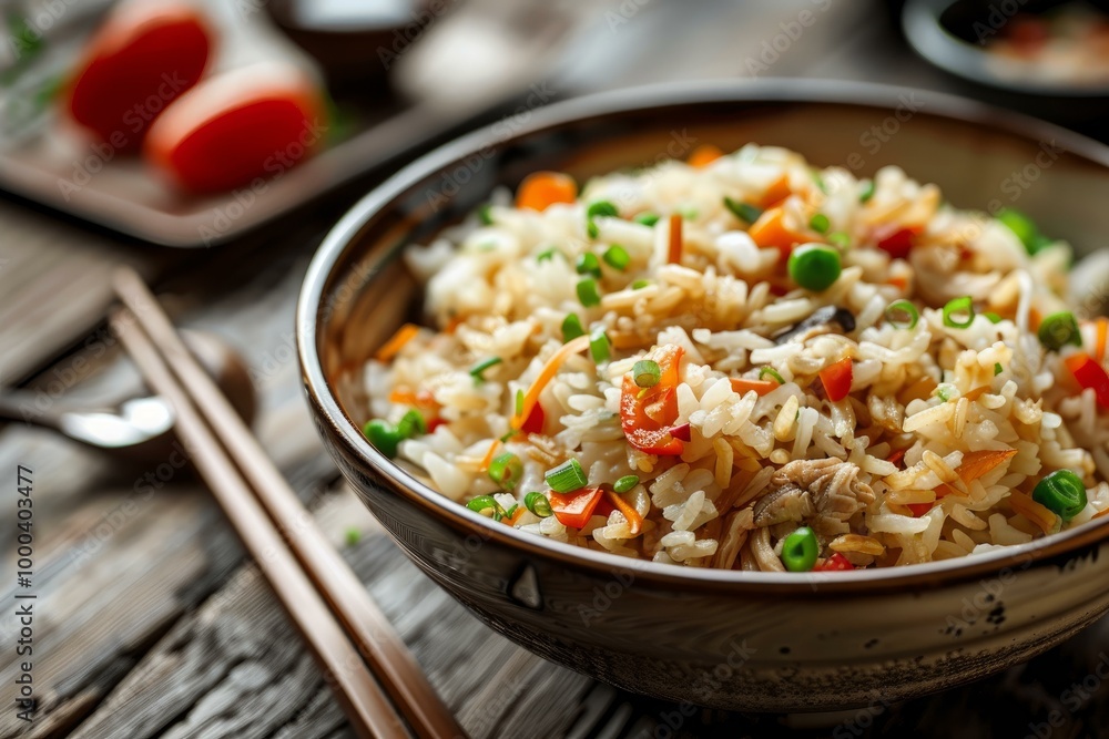 Steaming chicken fried rice with various vegetables served in bowl with chopsticks on the side Steaming chicken fried rice with various vegetables served in bowl with chopsticks on the side