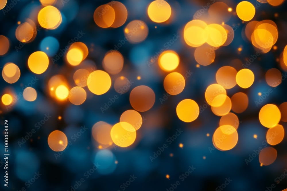 Obraz premium Blurry golden bokeh lights glowing softly against a blue backdrop representing holiday decorations and a festive atmosphere
