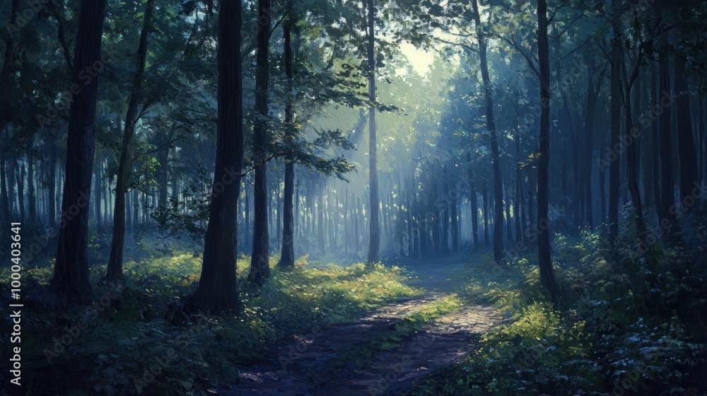 Fototapeta premium A Sunlit Path Through a Dense, Deep Forest