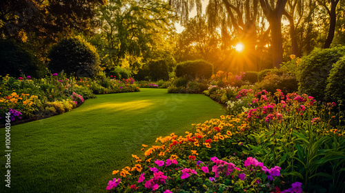 A beautiful garden with a path and flowers.