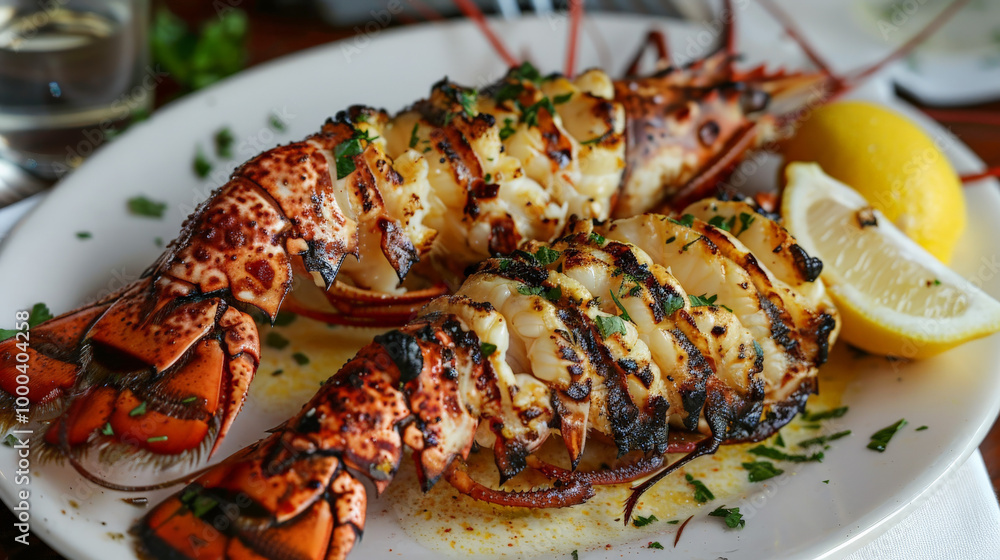 Grilled lobster tail with garlic butter served with lemon, garnished with herbs, is delicious seafood dish. Grilled lobster tail with garlic butter served with lemon, garnished with herbs, is delicious seafood dish.