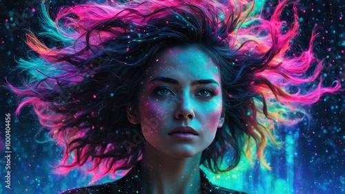 A vibrant portrait of a woman with colorful hair and cosmic elements, evoking creativity.