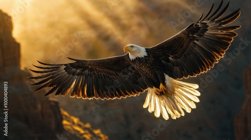 Wallpaper Mural Bald Eagle Soaring High Over a Grand Canyon at Sunset, Capturing the Majesty of Nature and a Glowing Horizon Torontodigital.ca