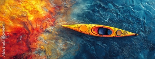 Vibrant Yellow Kayak Floating on Colorful Abstract Waters - Aerial View of a Serene Adventure photo