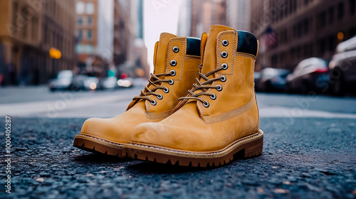 Pair of classic tan work boots positioned on a city street. photo