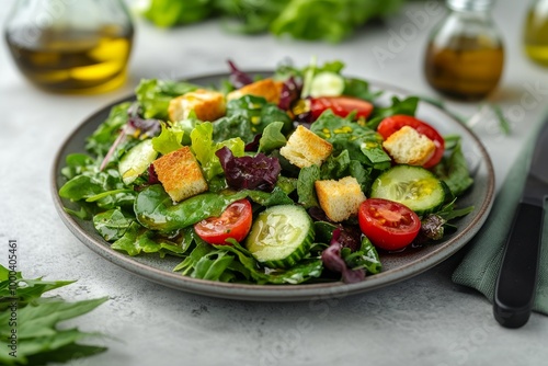 Un plato de ensalada fresca con pepinos, tomates, lechuga y crutones, servido con un aderezo ligero de aceite de oliva.