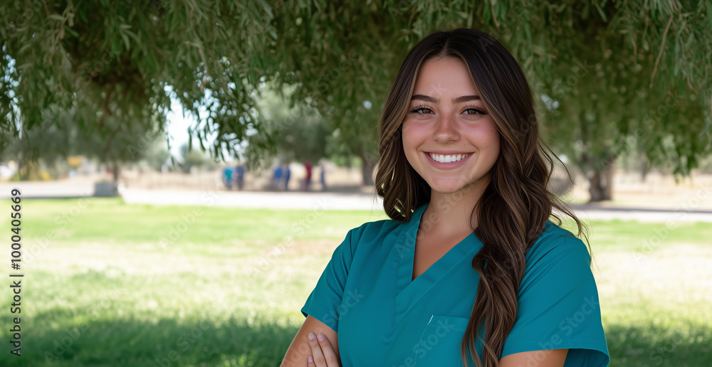 Smiling with brown black nurse wearing light blue scrubs in a bright and inviting hospital environment with copyspace for marketing or ads Smiling with brown black nurse wearing light blue scrubs in a bright and inviting hospital environment with copyspace for marketing or ads