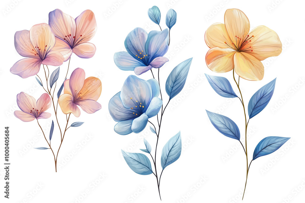 Obraz premium set of pastel watercolor flowers illustration isolated png transparent background