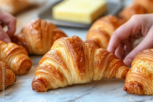 Varias manos seleccionan y colocan crujientes croissants recién horneados en una bandeja, listos para ser servidos en una panadería o cafetería.