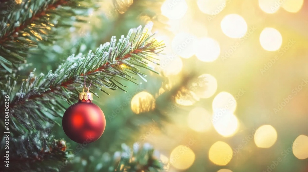 Christmas decoration. Red balls hanging on pine branches Christmas tree garland and ornaments over abstract bokeh background with copy space Christmas decoration. Red balls hanging on pine branches Christmas tree garland and ornaments over abstract bokeh background with copy space