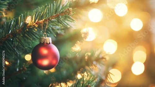 Christmas decoration. Red balls hanging on pine branches Christmas tree garland and ornaments over abstract bokeh background with copy space