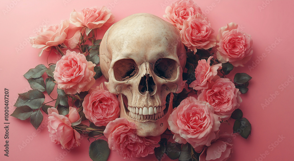 A human skull surrounded by pink roses on a pink background, symbolizing the contrast between life and death. The macabre yet beautiful aesthetic makes it a striking and thought-provoking image. A human skull surrounded by pink roses on a pink background, symbolizing the contrast between life and death. The macabre yet beautiful aesthetic makes it a striking and thought-provoking image.
