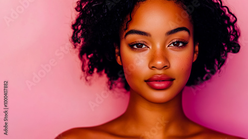 Close-up of a beautiful, young African-American body-positive woman against a solid pink background.