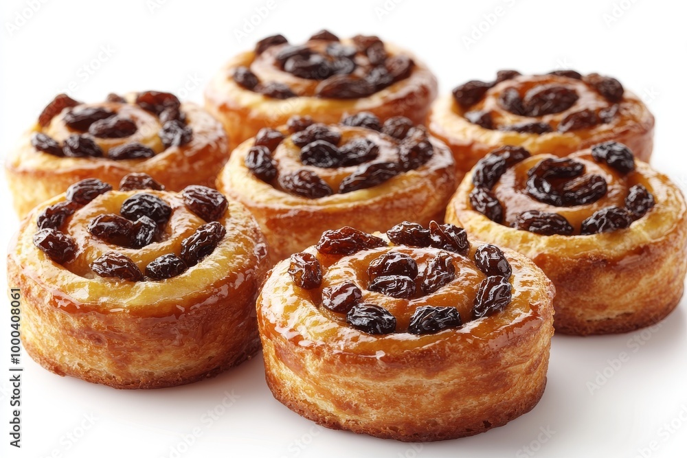 Dulces bollos de hojaldre enrollados con pasas, perfectos para un desayuno o merienda. Dulces bollos de hojaldre enrollados con pasas, perfectos para un desayuno o merienda.