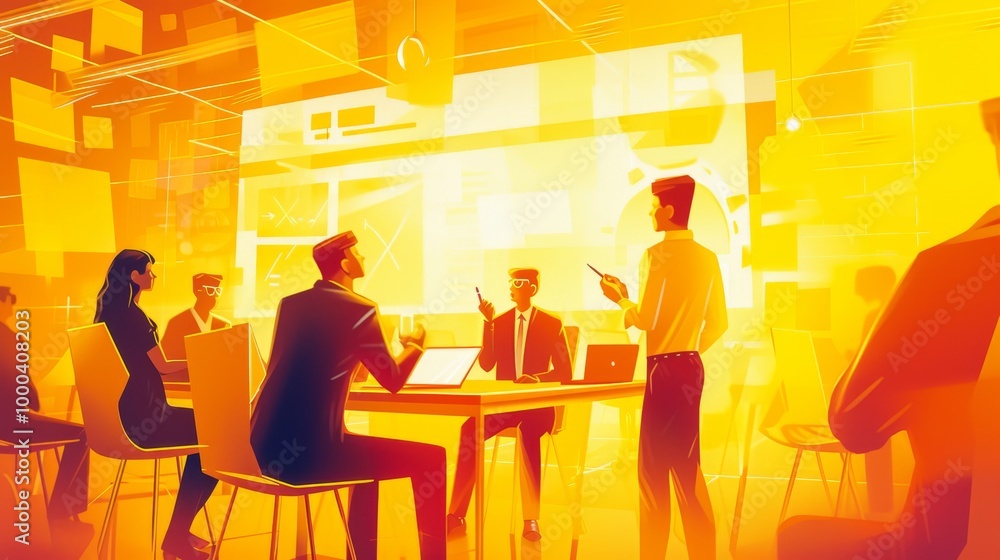 A team of professionals gathered around a table, discussing ideas in a futuristic orange-lit conference room. The vivid lighting and modern setting create a dynamic atmosphere, reflecting A team of professionals gathered around a table, discussing ideas in a futuristic orange-lit conference room. The vivid lighting and modern setting create a dynamic atmosphere, reflecting