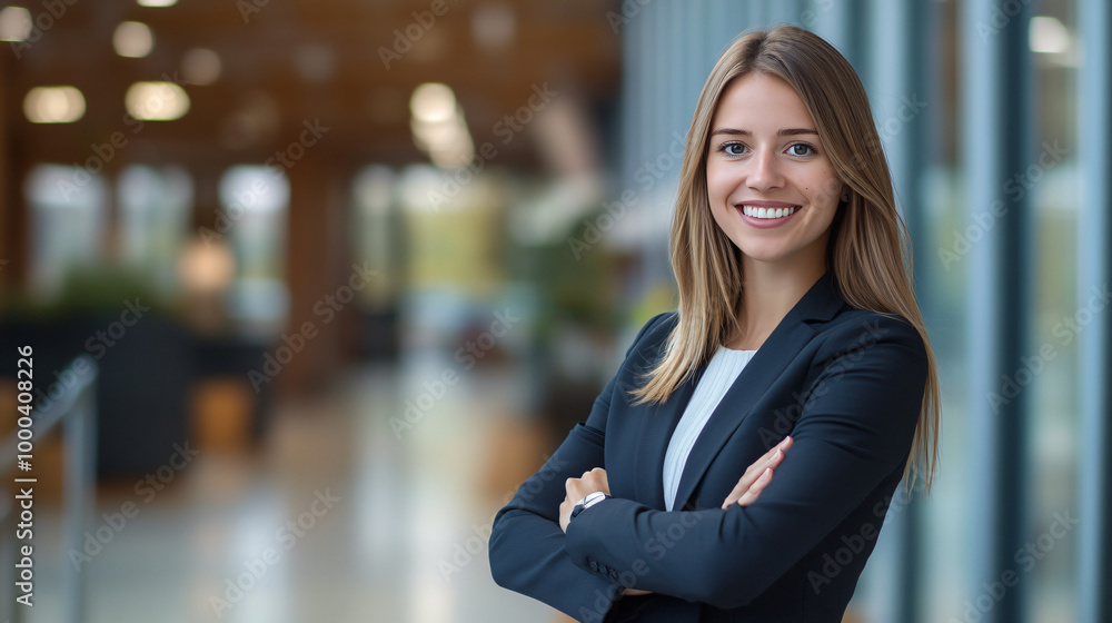 In a contemporary corporate office, a professional woman smiles with her arms crossed In a contemporary corporate office, a professional woman smiles with her arms crossed