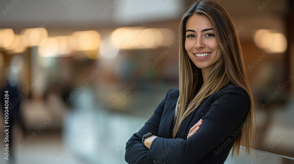 Female executive stands confidently with arms crossed, smiling in the office building lobby Female executive stands confidently with arms crossed, smiling in the office building lobby