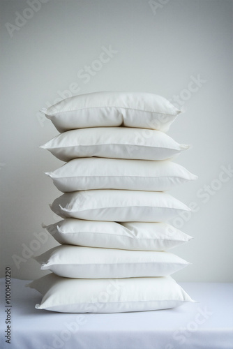 Stack of white pillows, clean hotel linen, stacked amenities for comfortable stay, guestroom essentials, hospitality supply concept photo