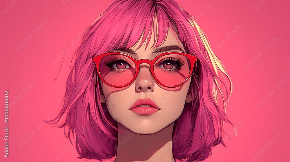 Pink haired woman with red glasses digital art portrait Pink haired woman with red glasses digital art portrait