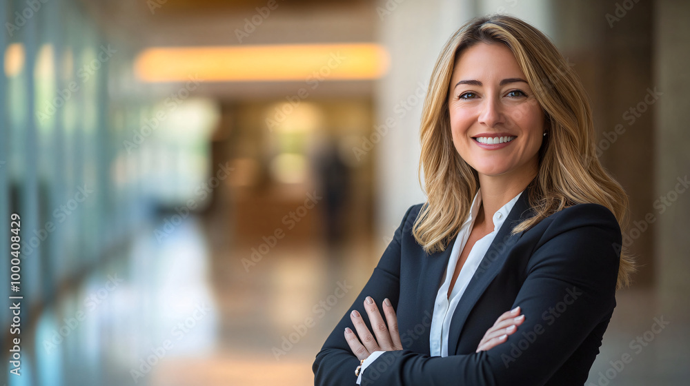 Naklejka premium Smiling businesswoman with crossed arms in office building