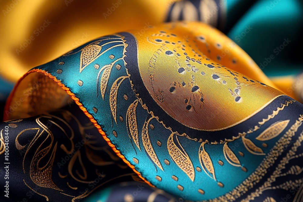Close-up of a silk scarf, showing the detailed texture of the fabric and the vibrant patterns in stunning clarity, making the colors pop Close-up of a silk scarf, showing the detailed texture of the fabric and the vibrant patterns in stunning clarity, making the colors pop