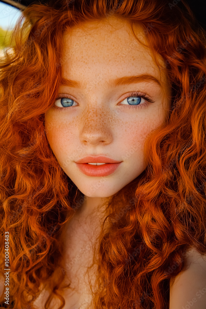 Fototapeta premium Close-up photo of a cute girl with curly red hair and blue eyes taking a selfie in the car.