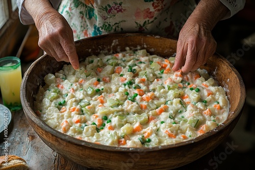 Una persona mayor mezclando los ingredientes de la ensalada Olivier en un gran tazón de madera, preparando el plato para una reunión familiar.  photo